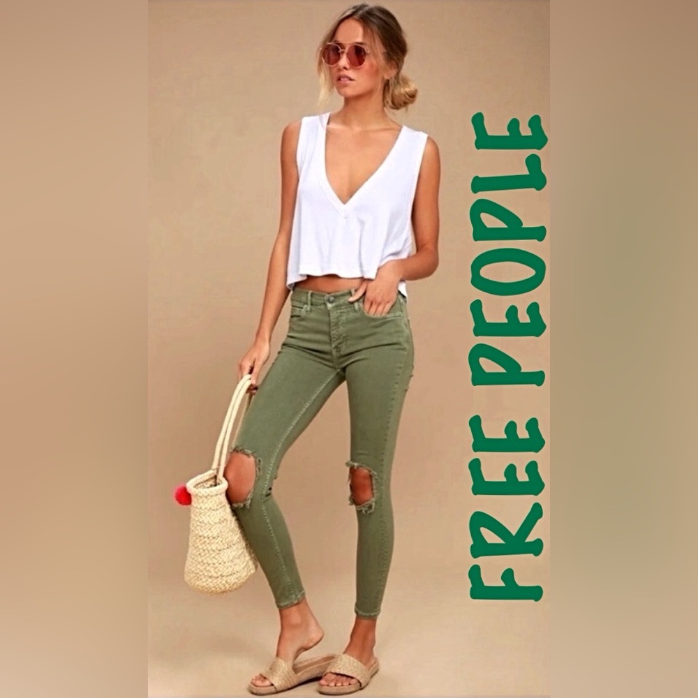 Free People Mid-Rise Busted Distressed Olive Skinny Jean size:28 Just Like New!